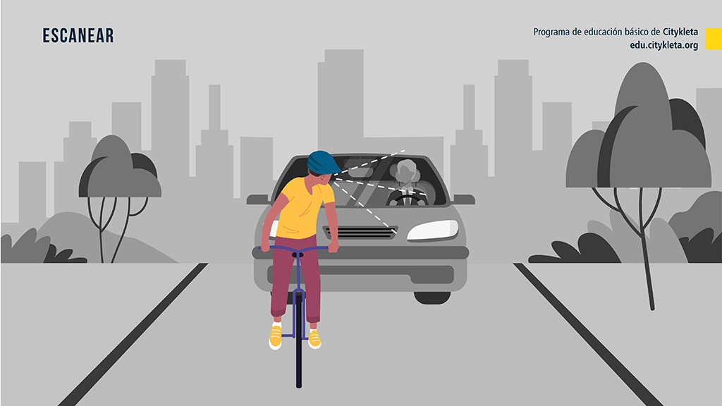 Ilustración: Ciclista escanea para avistar el tráfico a sus espaldas.